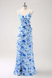 Blue Spaghetti Straps Print Ruffle Mermaid Bridesmaid Dress with Slit