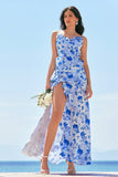 Blue Spaghetti Straps Print Ruffle Mermaid Bridesmaid Dress with Slit