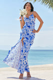 Blue Spaghetti Straps Print Ruffle Mermaid Bridesmaid Dress with Slit