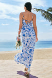 Blue Spaghetti Straps Print Ruffle Mermaid Bridesmaid Dress with Slit