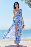 Blue Spaghetti Straps Print Ruffle Mermaid Bridesmaid Dress with Slit