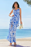 Blue Spaghetti Straps Print Ruffle Mermaid Bridesmaid Dress with Slit