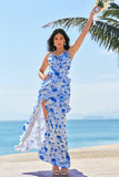 Blue Spaghetti Straps Print Ruffle Mermaid Bridesmaid Dress with Slit