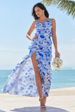 Blue Spaghetti Straps Print Ruffle Mermaid Bridesmaid Dress with Slit