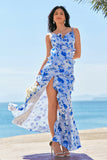 Blue Spaghetti Straps Print Ruffle Mermaid Bridesmaid Dress with Slit