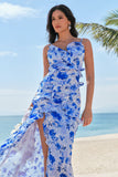 Blue Spaghetti Straps Print Ruffle Mermaid Bridesmaid Dress with Slit