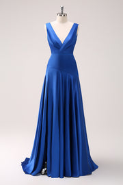 Ink Blue A Line V-Neck Satin Ruched Long Bridesmaid Dress with Slit