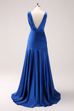 Ink Blue A Line V-Neck Satin Ruched Long Bridesmaid Dress with Slit