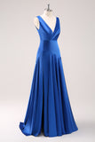 Ink Blue A Line V-Neck Satin Ruched Long Bridesmaid Dress with Slit