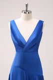 Ink Blue A Line V-Neck Satin Ruched Long Bridesmaid Dress with Slit