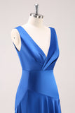 Ink Blue A Line V-Neck Satin Ruched Long Bridesmaid Dress with Slit