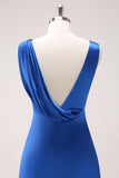 Ink Blue A Line V-Neck Satin Ruched Long Bridesmaid Dress with Slit