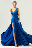 A Line V-Neck Satin Ruched Long Ink Blue Bridesmaid Dress with Slit