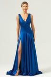 A Line V-Neck Satin Ruched Long Ink Blue Bridesmaid Dress with Slit