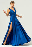 A Line V-Neck Satin Ruched Long Ink Blue Bridesmaid Dress with Slit