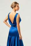 A Line V-Neck Satin Ruched Long Ink Blue Bridesmaid Dress with Slit