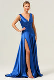 A Line V-Neck Satin Ruched Long Ink Blue Bridesmaid Dress with Slit