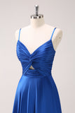 Ink Blue A Line Spaghetti Straps Satin Pleated Long Bridesmaid Dress with Slit