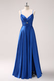 Ink Blue A-Line Keyhole Satin Pleated Long Bridesmaid Dress with Slit