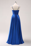 Ink Blue A-Line Keyhole Satin Pleated Long Bridesmaid Dress with Slit