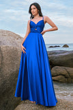 Ink Blue A-Line Keyhole Satin Pleated Long Bridesmaid Dress with Slit