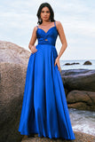 Ink Blue A-Line Keyhole Satin Pleated Long Bridesmaid Dress with Slit