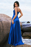 Ink Blue A-Line Keyhole Satin Pleated Long Bridesmaid Dress with Slit