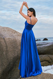 Ink Blue A-Line Keyhole Satin Pleated Long Bridesmaid Dress with Slit