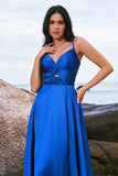 Ink Blue A-Line Keyhole Satin Pleated Long Bridesmaid Dress with Slit