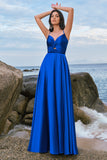 Ink Blue A-Line Keyhole Satin Pleated Long Bridesmaid Dress with Slit