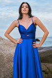 Ink Blue A-Line Keyhole Satin Pleated Long Bridesmaid Dress with Slit