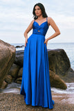 Ink Blue A-Line Keyhole Satin Pleated Long Bridesmaid Dress with Slit