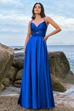 Ink Blue A-Line Keyhole Satin Pleated Long Bridesmaid Dress with Slit