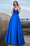 Ink Blue A-Line Keyhole Satin Pleated Long Bridesmaid Dress with Slit