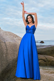 Ink Blue A-Line Keyhole Satin Pleated Long Bridesmaid Dress with Slit