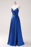 Ink Blue A Line Spaghetti Straps Satin Pleated Long Bridesmaid Dress with Slit