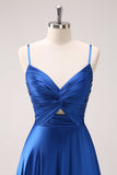 Ink Blue A Line Spaghetti Straps Satin Pleated Long Bridesmaid Dress with Slit