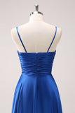 Ink Blue A Line Spaghetti Straps Satin Pleated Long Bridesmaid Dress with Slit