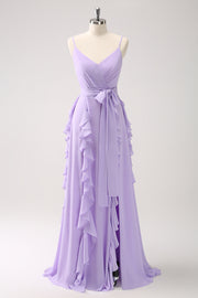 Lilac A Line Ruched Chiffon Ruffle Long Bridesmaid Dress with Slit