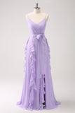 Lilac A Line Ruched Chiffon Ruffle Long Bridesmaid Dress with Slit