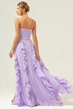 Lilac A Line Ruched Chiffon Ruffle Long Bridesmaid Dress with Slit