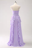 Lilac A Line Ruched Chiffon Ruffle Long Bridesmaid Dress with Slit