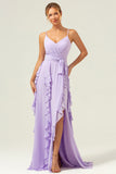 Lilac A Line Spaghetti Straps Chiffon Long Ruffled Bridesmaid Dress with Slit