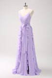 Lilac A Line Ruched Chiffon Ruffle Long Bridesmaid Dress with Slit