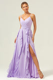 Lilac A Line Spaghetti Straps Chiffon Long Ruffled Bridesmaid Dress with Slit