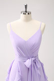 Lilac A Line Ruched Chiffon Ruffle Long Bridesmaid Dress with Slit