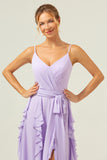 Lilac A Line Spaghetti Straps Chiffon Long Ruffled Bridesmaid Dress with Slit