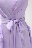 Lilac A Line Ruched Chiffon Ruffle Long Bridesmaid Dress with Slit