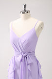 Lilac A Line Ruched Chiffon Ruffle Long Bridesmaid Dress with Slit