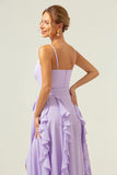 Lilac A Line Spaghetti Straps Chiffon Long Ruffled Bridesmaid Dress with Slit